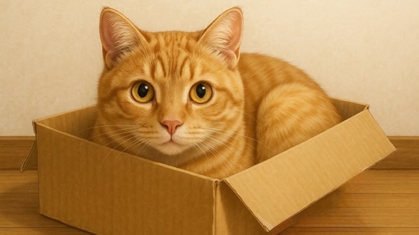 段ボール箱の中にぴったり収まって、まん丸な目でこちらを見る茶トラ猫