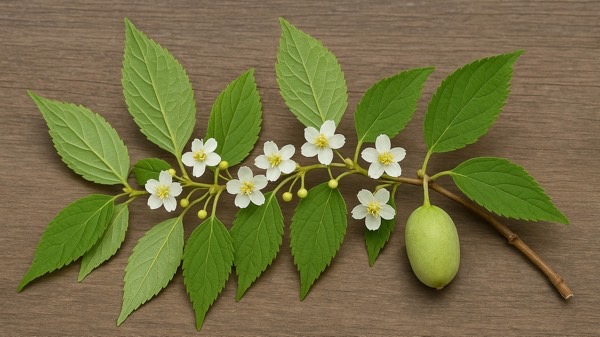 白い花と実をつけたまたたびの枝