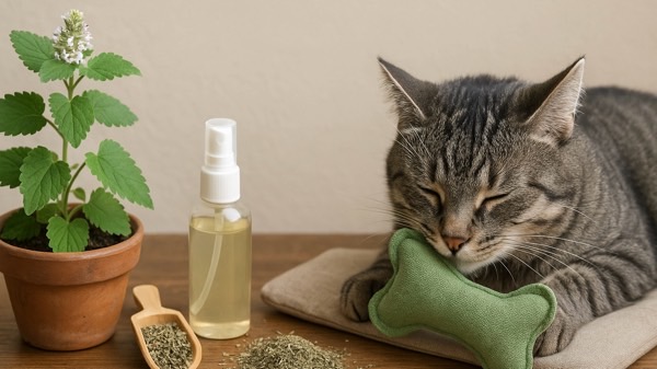 キャットニップの鉢植えやスプレーと一緒におもちゃを抱えて眠る猫