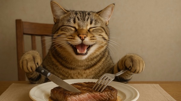 ステーキを前にナイフとフォークを持って笑顔を見せる猫