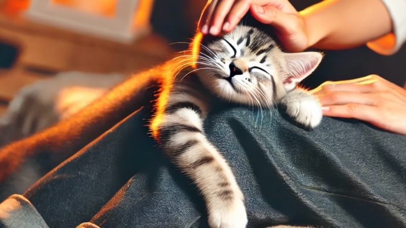 人の膝の上で満足そうに目を細めて撫でられる子猫。うっとりした表情が可愛い。