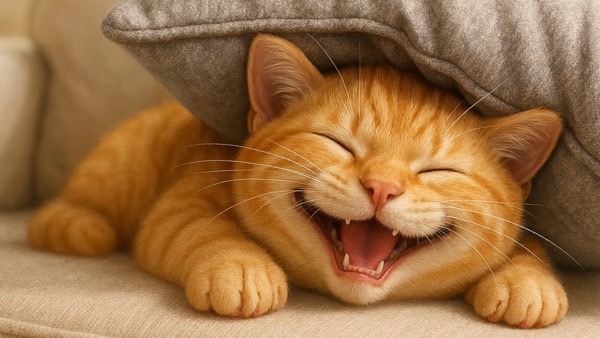 ソファーでクッションに挟まれながら大きな口を開けて笑っている茶トラ猫