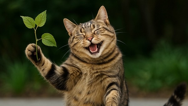 またたびの葉を手に大喜びではしゃぐ猫