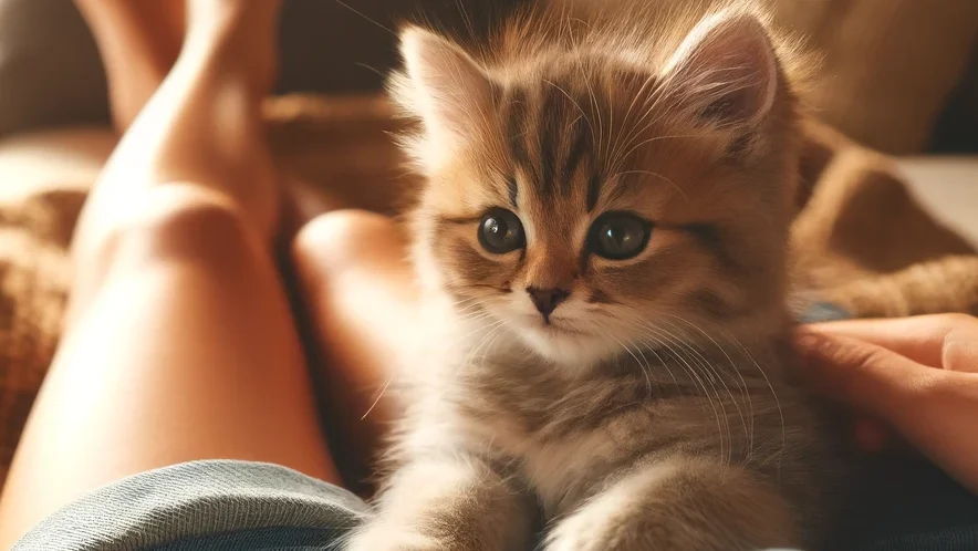 飼い主の膝の上でくつろぐふわふわの子猫