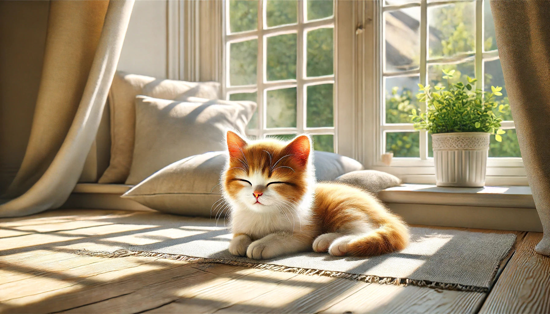 クーラーの効いた窓辺で日差しを浴びながら気持ちよさそうに目を細めてくつろぐ子猫