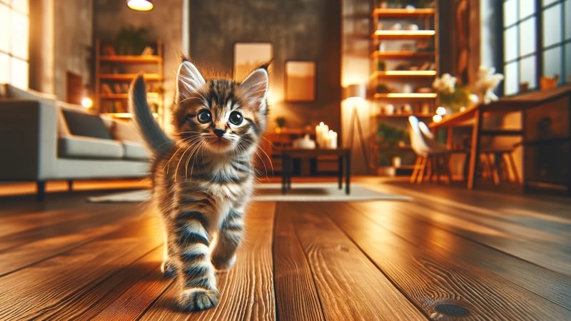 明るいリビングの床をしっかり踏みしめながらこちらへ歩いてくる子猫。自信ありげな表情。