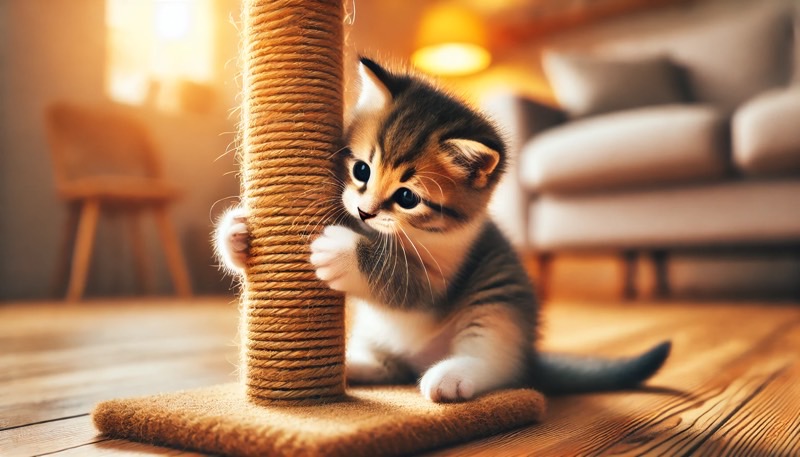小さな子猫がリビングで爪とぎポールにしがみついて遊んでいる様子。