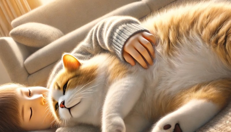 飼い主に抱かれてお腹を見せながら気持ちよさそうに眠る猫