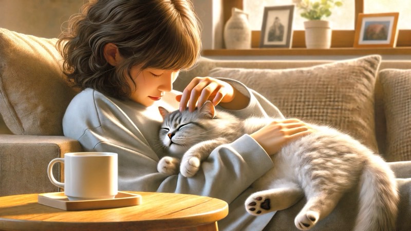 飼い主に抱かれて頭を撫でられ、安心した表情で眠る猫