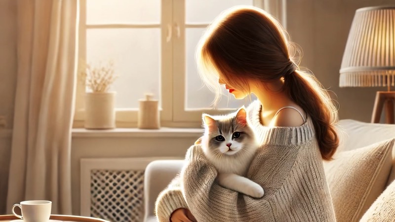 少し疲れた様子の女性に抱きかかえられ、穏やかな表情をしている白猫