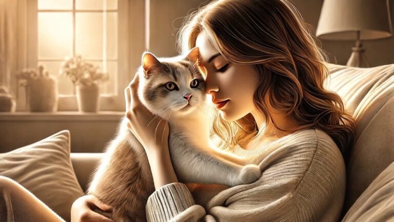 ソファで女性に優しく抱きしめられ、リラックスした表情を見せる猫