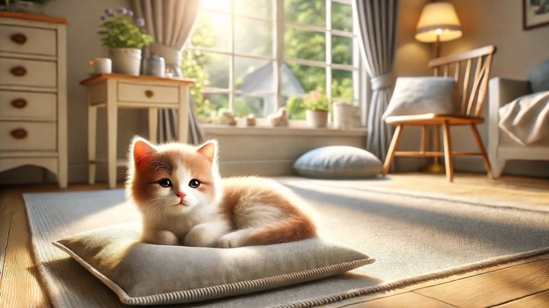 日差しの入るリビングでクッションの上に座る可愛い子猫