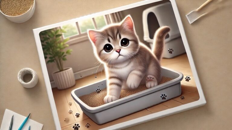 トイレの砂をカキカキする可愛い子猫。明るい部屋で一生懸命砂をかけている様子。