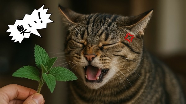 ミントの葉の匂いを嫌がって顔をしかめる猫