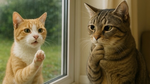 外から窓をノックする野良猫（茶トラ猫）と、それを見ながら顎に手を当てて考え込むキジトラ猫。