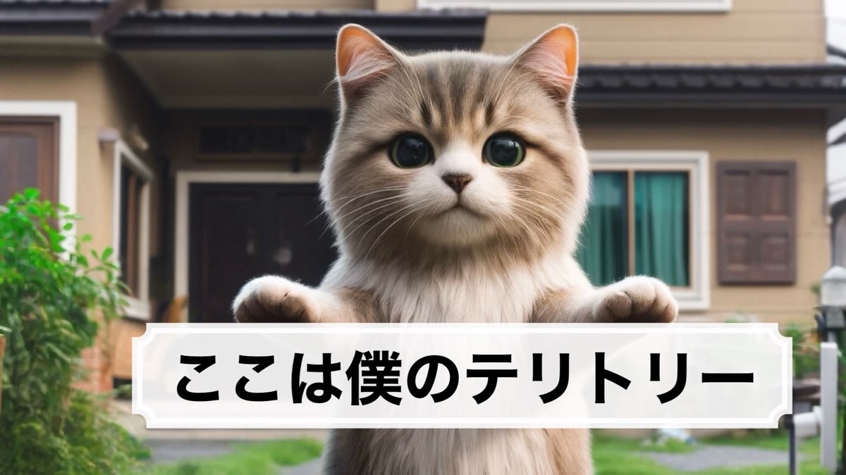 大きな目の可愛い猫が家の前で両前足を上げて立ち「ここは僕のテリトリー」と主張しているようす。