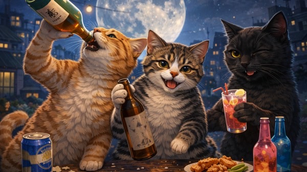 月明かりの夜、屋外で集まりお酒を飲みながら盛り上がる猫たち。仲間同士で楽しそうに過ごす夜の猫の集会