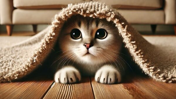 カーペットの下に隠れ、つぶらな瞳でこちらを見る猫の姿