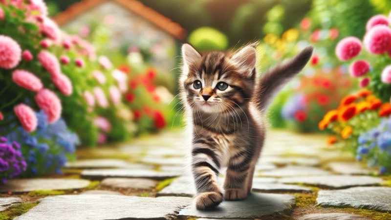 花いっぱいの小道を歩く子猫。色とりどりの花に囲まれた明るい雰囲気。