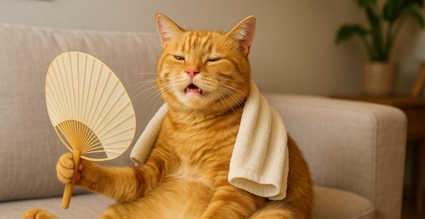 オレンジ色の猫がうちわで自分を仰ぎながら暑そうな顔をしてソファに座っている