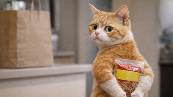 おやつを抱えて立つ、可愛らしい仕草の猫のイメージ写真