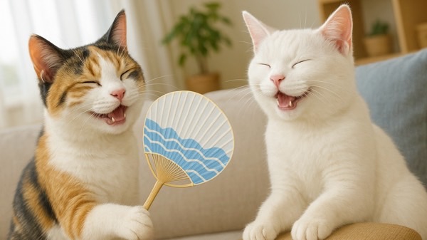 明るいリビングで三毛猫が白猫を団扇で仰いであげている様子