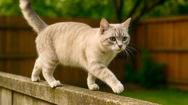 塀の上を軽快に歩く猫。耳を立ててバランスを取りながら進む姿が印象的。