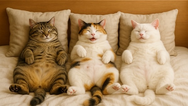 三匹の猫がベッドの上でお腹を見せて並び、へそ天でリラックスしている