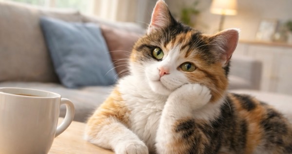 テーブルの前で頬杖をつくような姿勢の三毛猫。考え事をしているような擬人化された可愛い表情。