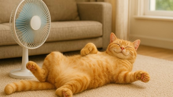 扇風機の前でへそ天になって気持ちよさそうに寝転ぶオレンジ色の猫