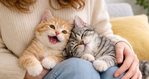 飼い主の膝で一緒に甘える同居猫。安心できる関係性の証