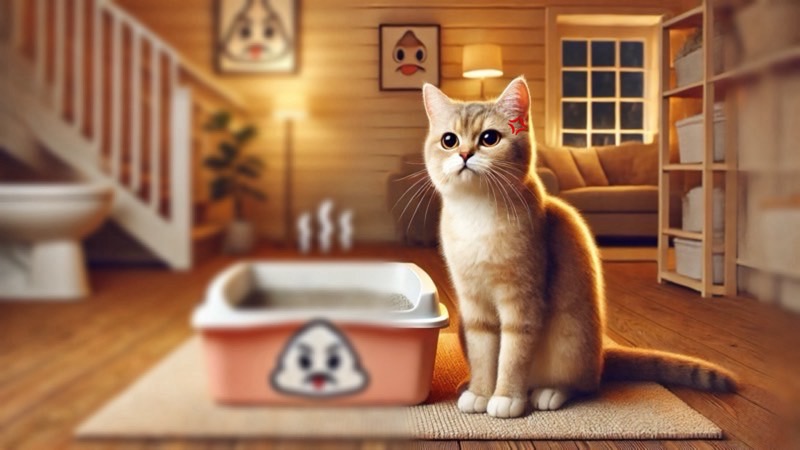 トイレの前で不満げに座る茶トラ猫。トイレが臭う様子に少しムッとした表情。