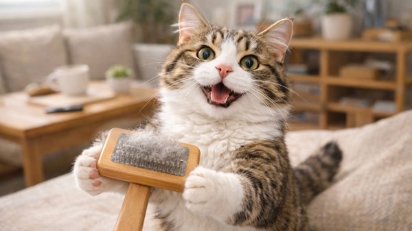 ブラッシングが大好きで、前足でブラシを抱えてニコニコしている猫の様子