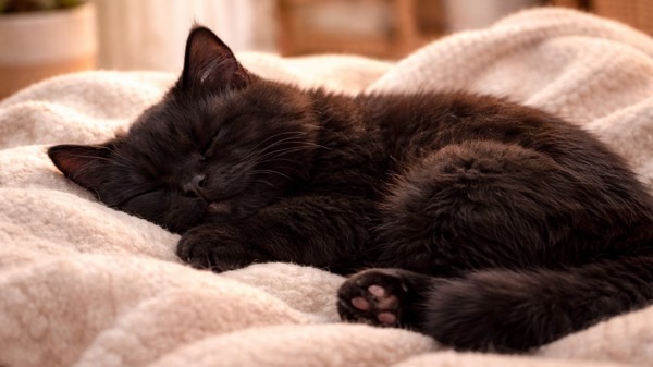 毛布の上で長い時間眠る黒猫
