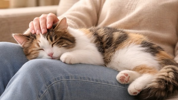 飼い主の膝の上で撫でられながら眠る三毛猫。信頼と安心が伝わる穏やかなひととき。