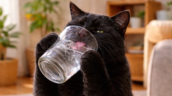 コップの水をゴクゴク飲む黒猫の様子(多飲のサイン)