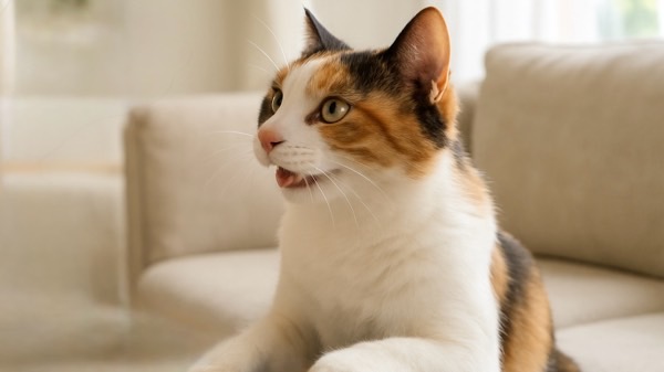 ブラッシング後、口を少し開けて満足そうな表情を見せる三毛猫