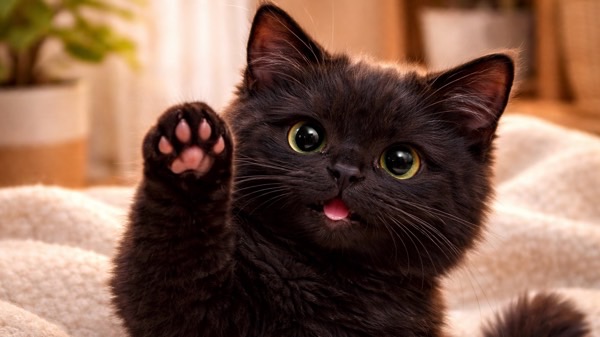 前足を上げて可愛くアピールする黒猫の表情(元気で活発な様子)