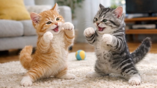 立ち上がって、ボクシングのように前足を出し合う子猫の遊びのケンカ。社会性を学ぶ猫の行動