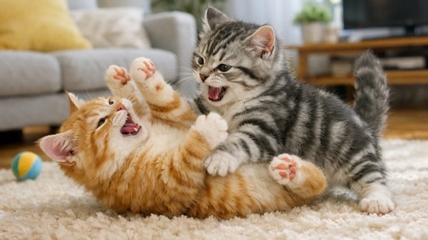 遊びケンカ中の子猫同士が前足でじゃれ合う様子。同居猫の本気でないケンカの一例