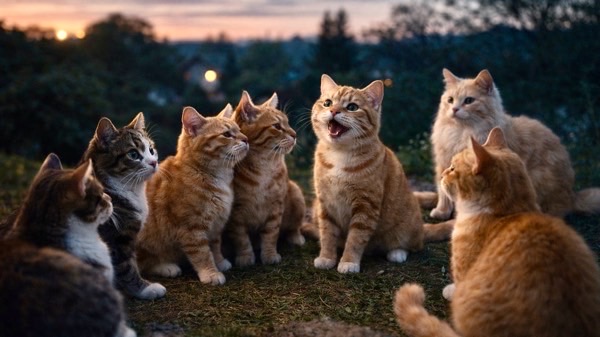 夕暮れ時の屋外で円になって集まる複数の猫たち。中央の猫が鳴きながら仲間に何かを訴えている様子