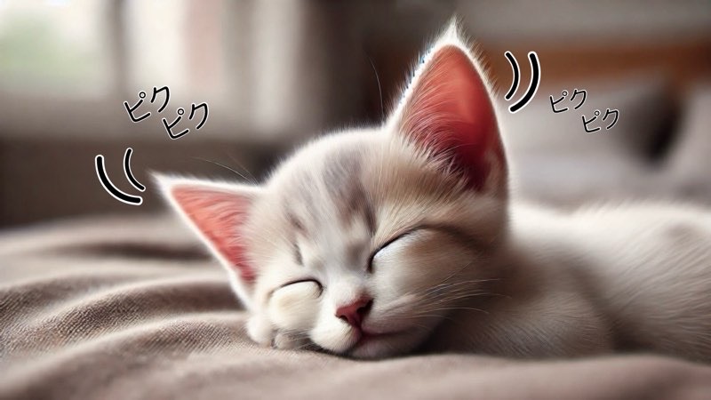 寝ている子猫の耳が「ピクピク」と動く可愛い瞬間。心地よい音を感じているような表情。