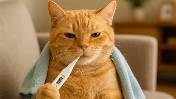 オレンジ色の猫が体温計をくわえて不安そうな表情をしている