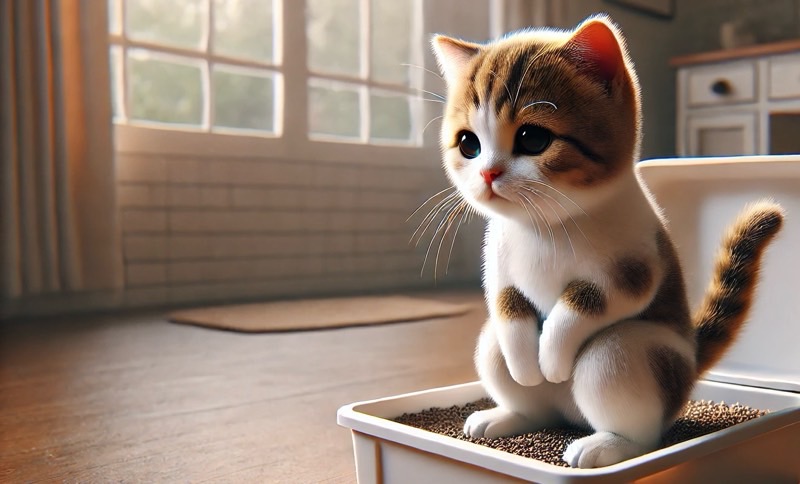 トイレの中で前足を揃えて座る子猫(スクワットスタイル)。少し恥ずかしそうな表情が微笑ましい。