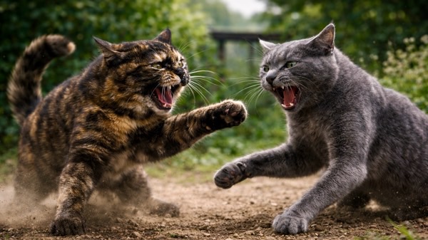 野良猫同士の本気のケンカ。毛を逆立てて威嚇し合う危険な争い