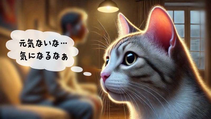 飼い主の様子を心配そうに見つめる猫。「元気ないな…気になるなぁ」と思っているイメージ。
