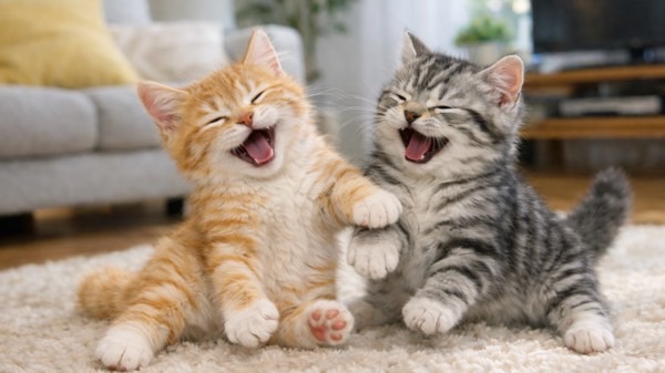 楽しそうに鳴き合いながらじゃれ合う子猫同士。時折ケンカをしても仲良し兄弟の典型例