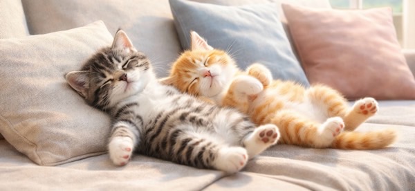 ソファの上で並んでへそ天寝をしている2匹の子猫。リラックスしきった可愛らしい寝姿。