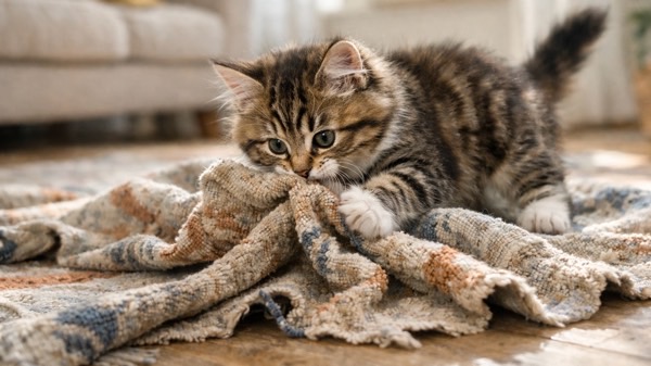 リビングに敷かれたラグを前足でつかみ、噛みつきながら遊ぶ子猫の様子