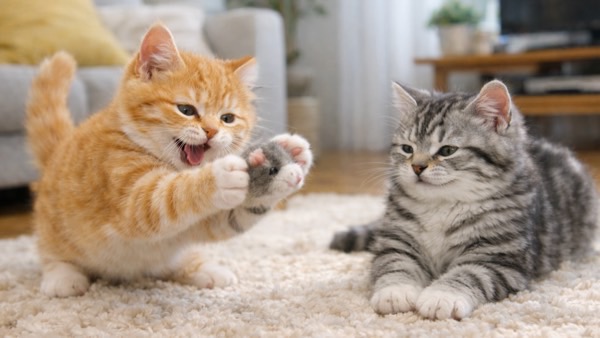 いつまでも遊んでいる猫と冷静な猫。猫の個体差と遊びの温度差が分かる場面